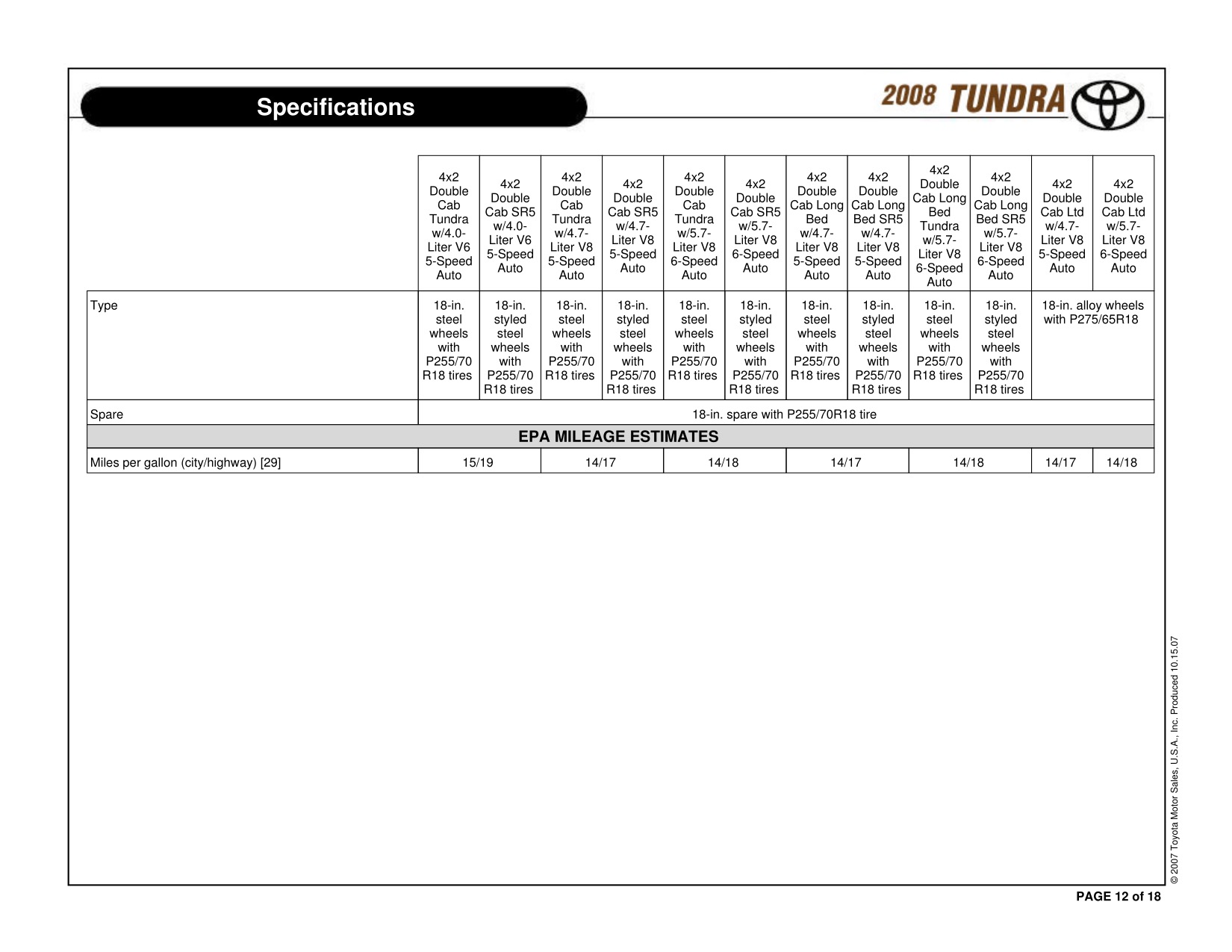 2008 Toyota Tundra RC 4x2 Brochure Page 2